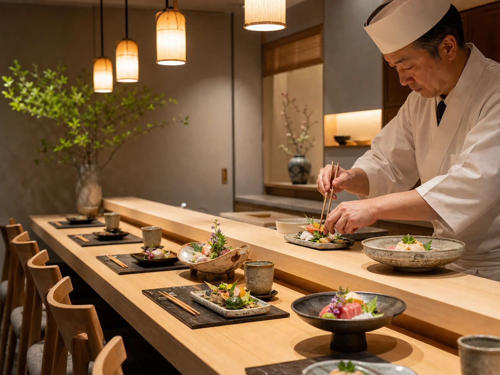 落ち着いた照明の和食店内、カウンター席に並ぶ和の器